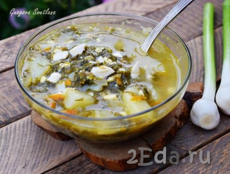 Щавелевый суп, приготовленный с яйцами без добавления мяса, подаём в горячем виде с зеленым луком или молодым чесноком. По желанию, при подаче можно приправить это блюдо сметаной.
