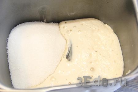 Я замес теста для кулича делала в хлебопечке. В ведёрко влить подошедшую опару, всыпать оставшуюся часть сахара.