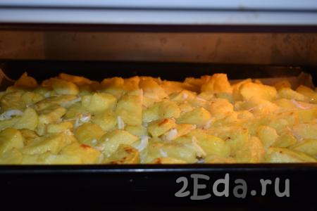 Отправляем противень с картофелем в молоке в разогретую духовку и запекаем наше блюдо в течение 35 минут при температуре 180 градусов.