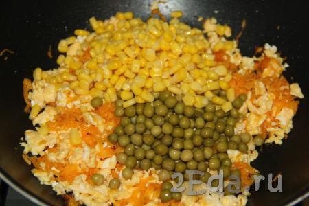 Перемешать яйца с морковью, добавить консервированные горошек и кукурузу без жидкости, перемешать.
