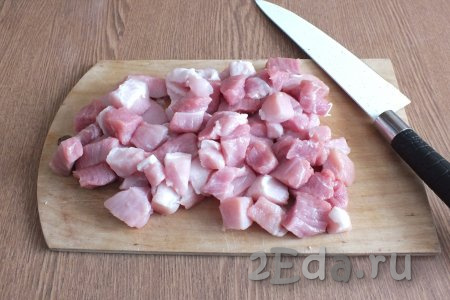 Приготовление солянки начните с подготовки мяса. Вымойте свинину, обрежьте, если есть, жилки и плёночки, затем нарежьте на квадратные кусочки со стороной, примерно, 2 см.