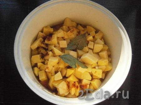 Затем добавить картофель, соль, паприку, черный перец и немного любых специй, нарезанный чеснок и лавровые листья. Влить горячую воду.