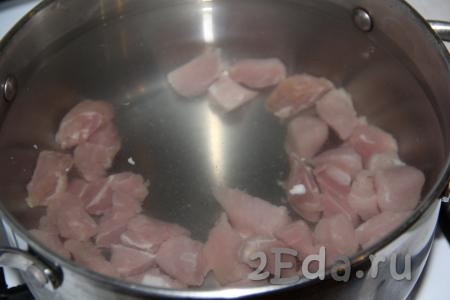 Свинину нарезать средними кубиками, выложить в кастрюлю и залить 2,8 литрами холодной воды. 