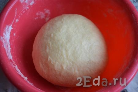 Готовое тесто будет плотным и пружинистым, но в тоже время мягким и податливым, оно не будет липнуть к рукам. Тесто кладём в миску, накрываем плёнкой и отправляем в тёплое место без сквозняков на 1-1,5 часа.