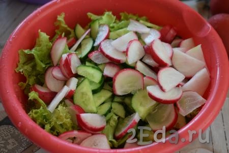 Редис нарезаем кружочками (или полукружочками) и добавляем в салат из огурцов и листьев салата.