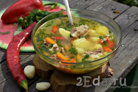 Ароматную, вкусную и аппетитную шурпу из телятины подаём к столу, обильно посыпая суп свежей зеленью. 