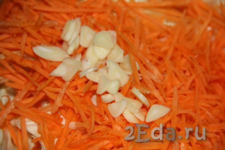 К капусте и моркови добавить очищенный чеснок, нарезанный тонкими пластинками. 