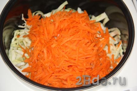 Сюда же выложить натёртую на крупной тёрке морковку, добавить специи и соль.