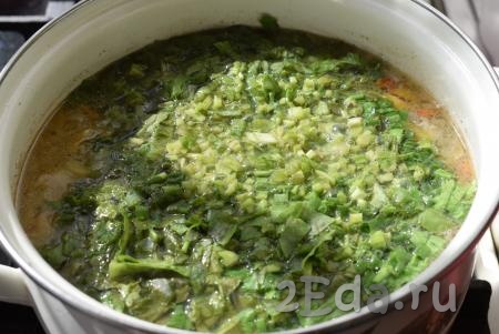 Щавель и зелень кладем в кипящий суп, варим до закипания.