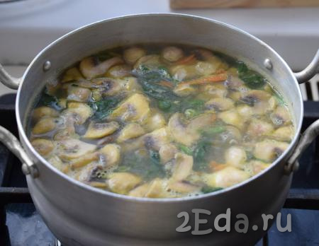 В кастрюлю с готовым картофелем отправляем нашу зажарку, солим суп, перчим и добавляем любимые специи по вкусу. Варим суп со шпинатом и грибами с момента закипания, примерно, 2-3 минуты и выключаем огонь. Наш суп  готов, добавляем в него мелко нарезанную зелень и даём настояться под крышкой, примерно, 5-10 минут.