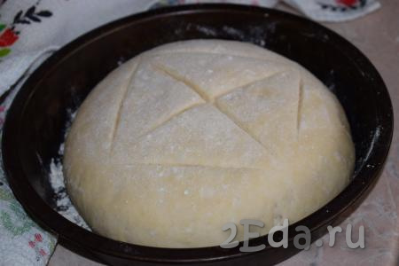 Присыпаем верхушку теста мукой и делаем надрезы, для того чтобы хлеб не разорвался в процессе выпечки в духовке.