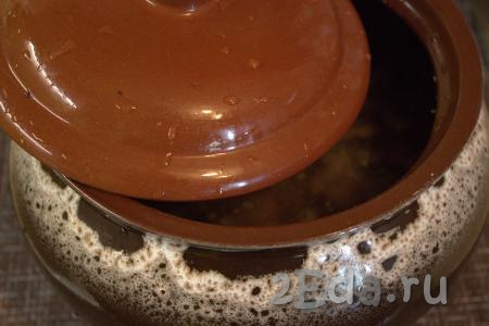 Накрыть горшочки крышкой и поставить в разогретую до 180 градусов духовку на 40 минут (до полного испарения жидкости).