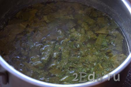 Варить куриный суп со щавелем на среднем огне минуты 2-3, если нужно, ещё раз посолить.