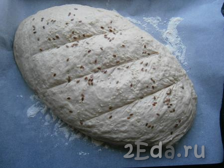 Хлеб прикрыть пленкой и оставить в тепле на 30-40 минут. Затем сделать несколько разрезов сверху.
