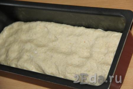 Слегка обмять тесто и выложить в форму для выпечки (у меня прямоугольная форма для хлеба). Предварительно форму можно смазать растительным маслом. Оставить тесто на 1 час в тепле, накрыв форму полотенцем.