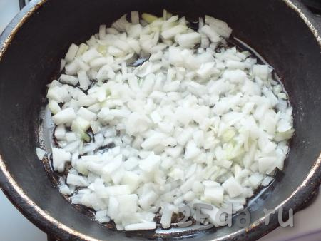 В сковороде разогрейте растительное масло, выложите лук и обжаривайте его до прозрачности на среднем огне, не забывая иногда перемешивать.