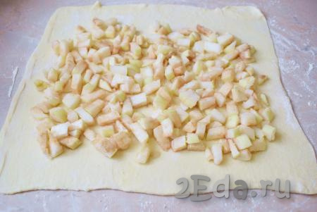 Яблочную начинку переложите на раскатанное тесто и распределите по всей поверхности, немного не доходя до краёв теста.