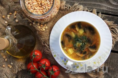 Подать вкусный и ароматный гороховый суп с шампиньонами к столу. По желанию, перед подачей можно добавить рубленную зелень.