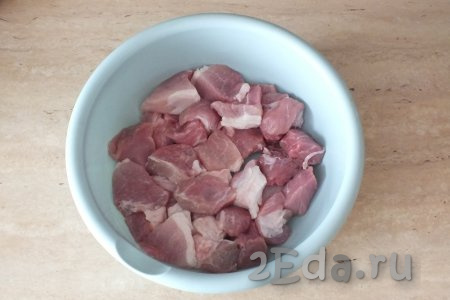Свинину вымойте, обсушите, а затем нарежьте на кусочки весом 30-45 грамм и выложите в достаточно большую миску.