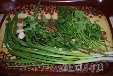 В этот сметанный соус можно добавить любую имеющуюся у вас зелень - мяту, базилик, петрушку, укроп, кинзу и т.д. Зелень подбирайте по своему вкусу, например, можно не добавлять кинзу, если вы её не любите. А можно сделать соус и на основе какой-либо одной травы. Промоем под холодной водой зелень (я взяла укроп, петрушку, кинзу) и зелёный лук, обсушим бумажными полотенцами. Чеснок очистим от кожуры.