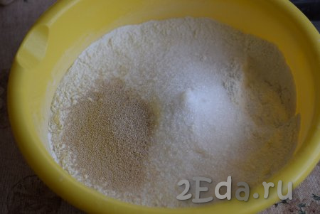 Для начала замесим дрожжевое тесто, для этого в миску насыпаем муку, сахар, соль, ванилин и сухие дрожжи, перемешиваем мучную смесь до однородности.