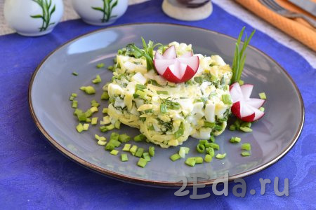 Очень вкусный весенний салат, приготовленный с зелёным луком, яйцами и сыром, украсить зеленью, цветочками из редиса и подать к столу. Этот салатик и отлично впишется повседневное меню, и порадует приятным вкусом и яркими красками, попробуйте!