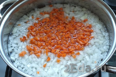 В кастрюле вскипятите 2-2,5 литра воды, добавьте кубики моркови, по желанию, сюда же выложите мелко нарезанный лук, снова доведите до кипения, а затем варите на небольшом огне минут 5-7.