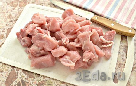 Промываем кусок свинины. Нарезаем мясо на небольшие кубики или бруски.