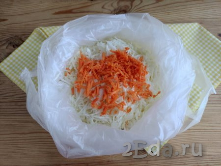 Сверху на капусту выложить очищенную и натёртую на тёрке морковь.