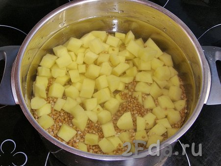 Картофель очищаем от кожуры, моем и нарезаем на кубики среднего размера. Промытую гречку и нарезанную картошку перекладываем в кастрюлю, вливаем 2-2,5 литра воды, солим и ставим на сильный огонь. По желанию, можно добавить 1-2 лавровых листа. После закипания воды, уменьшив огонь до минимума, варим картошку с гречкой до мягкости (15-20 минут).