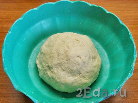Тесто должно получиться мягким и эластичным, не липнущим к рукам и стенкам посуды. Накрываем миску пищевой плёнкой и оставляем тесто в тёплом месте на 1-1,5 часа.