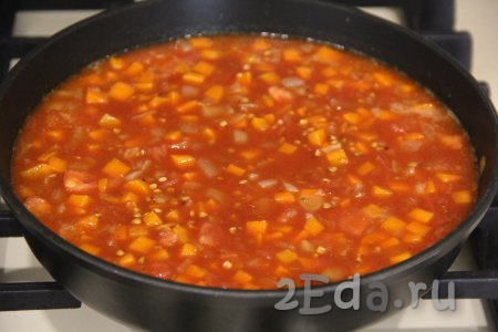 Отдельно соединить воду, томатную пасту, соль и любые специи, хорошо перемешать, влить в сковороду, перемешать.
