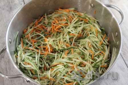 Перемешать овощи со специями. Накрыть сковороду крышкой и поставить салат в холодильник на сутки. За сутки пару раз перемешать.