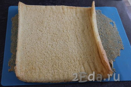 Перевернуть горячий бисквит на силиконовый коврик (или пергамент), снять тефлоновый коврик (или пергамент), на котором выпекался бисквит. Свернуть бисквит в плотный рулет и оставить на 10 минут. Затем развернуть бисквит.