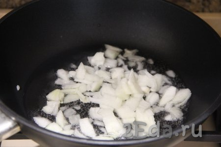 Луковицу почистить, мелко нарезать, выложить в сковороду, уже разогретую с растительным маслом, и обжарить, помешивая, на среднем огне до прозрачности (в течение 2-3 минут).