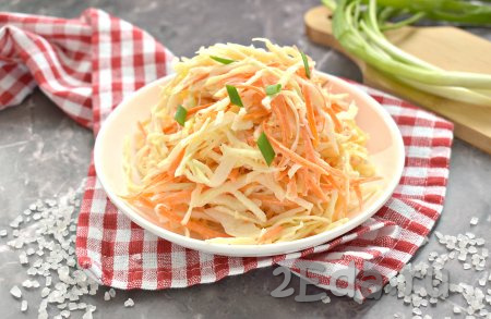 Перекладываем вкусный, сочный, аппетитный салат с капустой, редькой и морковью в салатник и подаём сразу к столу.