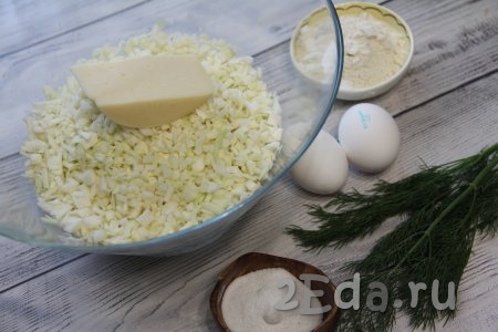 Подготовить продукты для приготовления капустных оладий с сыром. Капусту можно брать молодую или зрелых сортов. Капусту мелко нарезать (на небольшие кусочки), переложить в объёмную миску. Зелень (у меня - укроп) вымыть и обсушить.