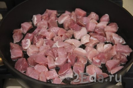 Мякоть свинины промыть водой, обсушить, а затем нарезать на кусочки размером 1,5 на 1,5 сантиметра. В сковороду влить растительное масло, хорошо прогреть его, а затем выложить кусочки свинины. 