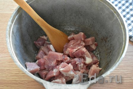 Свинину промываем, обсушиваем и нарезаем на кубики со сторонами примерно 2 сантиметра. Подготовленное мясо выкладываем к обжаренному луку, перемешиваем.