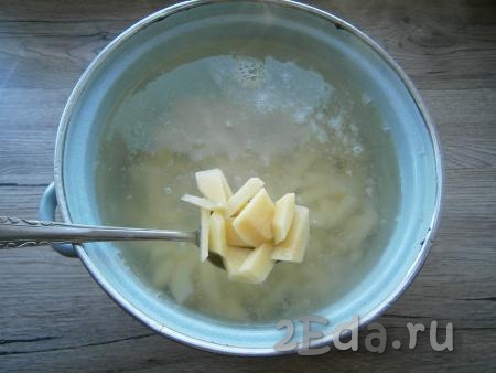 Картошку, морковь и лук очистить. Воду в кастрюле вскипятить, поместить в нее нарезанный кусочками картофель.
