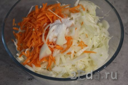 В отдельной миске соединить капусту, морковь и лук, добавить соль.