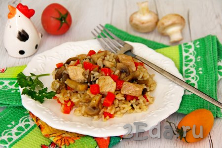 Рассыпчатый рис вместе с мягкими кусочками мяса курицы и нежными шампиньонами разложить со сковороды по тарелкам и в горячем виде подать к столу.