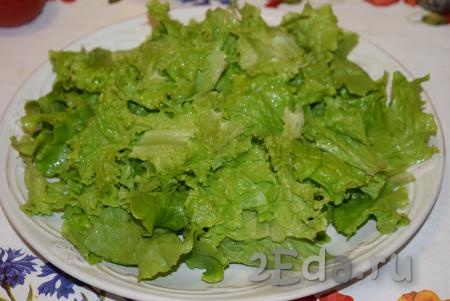 Промоем под холодной водой листы салата и обсушим. В тарелку для подачи первым слоем выкладываем листы салата, порванные руками на средние кусочки.