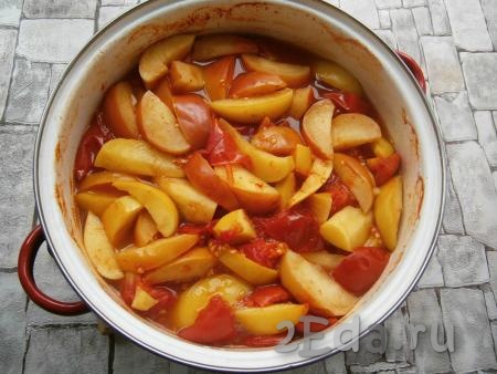 Поставить кастрюлю на небольшой огонь, довести до кипения и, накрыв крышкой, варить помидоры с яблоками на слабом огне около 25-30 минут.