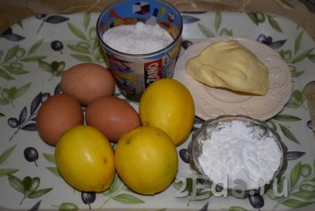 Вымоем лимоны и яйца, отвесим нужное количество сыпучих ингредиентов и сливочного масла.