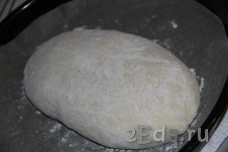 Переложить хлеб на противень, застеленный пергаментом, и оставить на 30 минут под полотенцем.