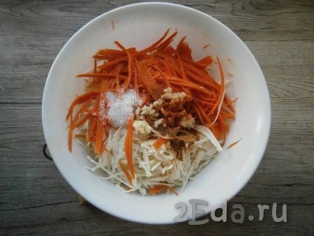 Пропустить зубчики чеснока через пресс и добавить к капусте с морковкой. Всыпать соль, сахар, перец чили молотый, приправу для моркови по-корейски, влить уксус.
