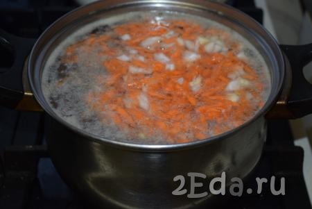 Далее кладем в суп соль и морковь с луком.