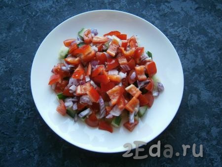 На плоскую тарелку выложить овощи слоями: огурцы, помидоры, лук и болгарский перец.
